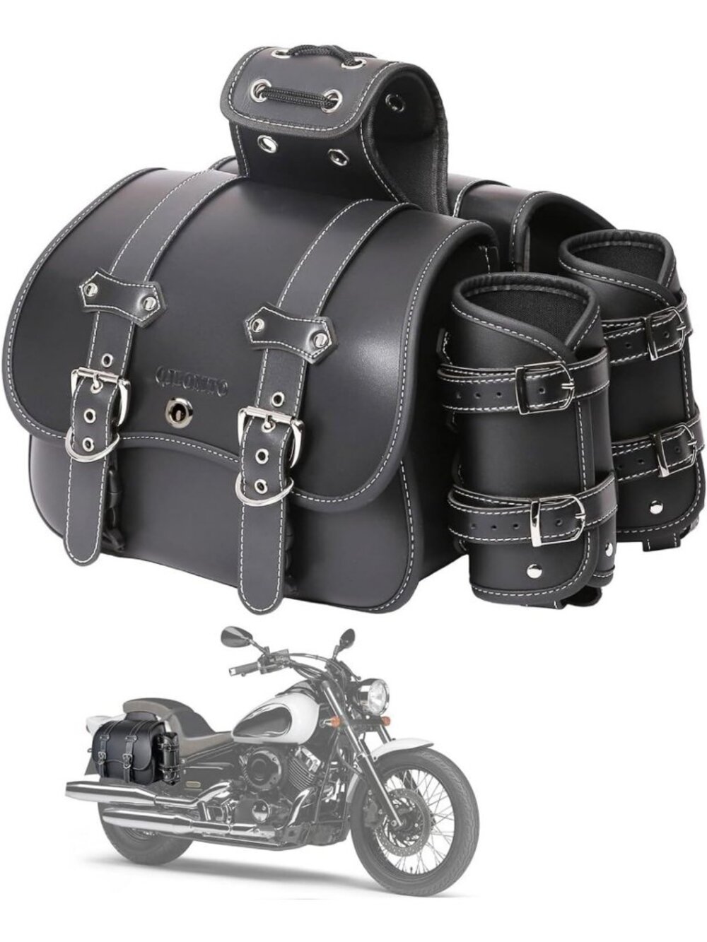 Waterproof High-Density Leather Motorcycle Saddlebags with Cup Holder & Tool Bag